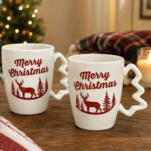 California Pantry Merry‎ Christmas Deer Tree Handle Mug Set 2 Red Coffee Cups